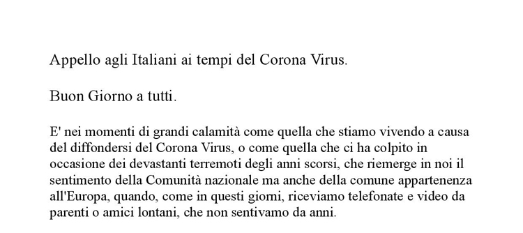 Appello agli Italiani ai tempi del Corona Virus