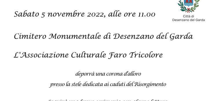 5 novembre, Desenzano del Garda – Deposizione Corona d’alloro presso la Stele dedicata ai Caduti del Risorgimento nel Cimitero Monumentale