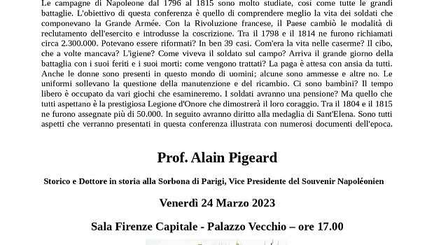 24 marzo, Firenze – Conferenza di Alain Pigeard, “Napoléon et ses soldats (Aspetti della vita militare durante le Campagne dell’Impero)”